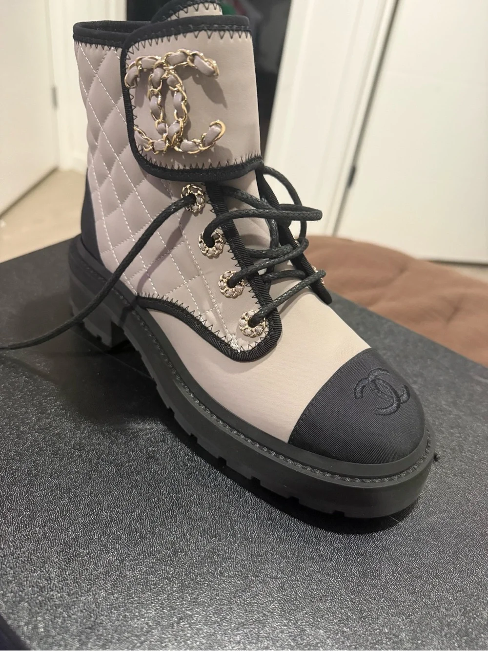 Chanel Two-Tone Quilted Lace-Up Ankle Boot in Grey and Black